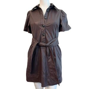 Toccin 6 Brown Faux Leather Shirt Dress Button Front Collared Mini Puff Slv